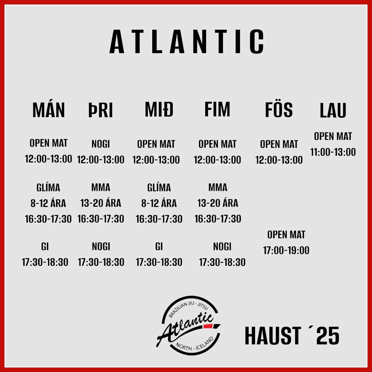 Atlantic Jiu Jitsu Akureyri - Stundaskrá Haust 2025